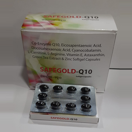 Product Name: Safegold Q10, Compositions of Safegold Q10 are Co-enzyme Q-10,Eicosapetaenoic Acid,Cyanocobalamin,L-Carnitine,L-Arginine,Vitamin E, Astaxanthin,Green Tea Extract & Zinc Softgel Capsules - Safe Life Care