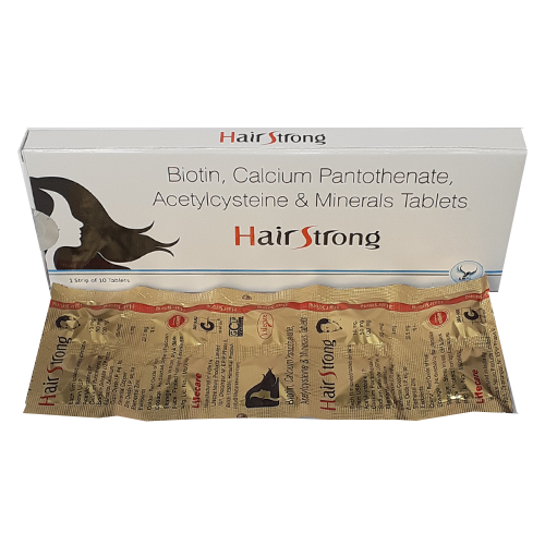 Product Name: Hair Strong, Compositions of Hair Strong are Biotin, Calcium Pantothenate, Acetylcysteine & Minerals Tablets - Lifecare Neuro Products Ltd.