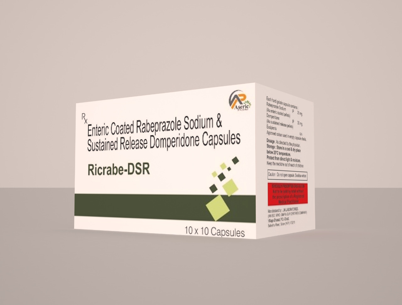 Product Name: Ricrabe DSR, Compositions of Ricrabe DSR are Enteeric Coated Rabeprazole Sodium & Sustained Release Domperidone Capsules - Aseric Pharma