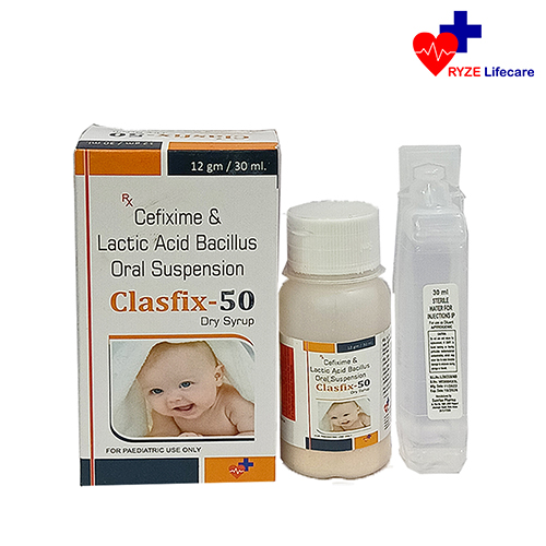 Product Name: Clasfix 50, Compositions of Clasfix 50 are Cefixime & Lactic Acid bacillus Oral Suspension  - Ryze Lifecare