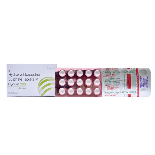 Product Name: HYQUIN 200, Compositions of HYQUIN 200 are Hydroxychloroquine Sulphate I.P. 200 mg. - Fawn Incorporation