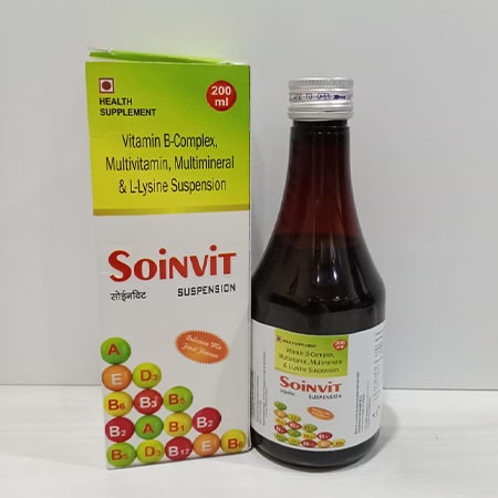Product Name: Soinvit, Compositions of Soinvit are Vitamin B Complex, Multivitamin, Mineral & L-Lysine Suspension - Soinsvie Pharmacia Pvt. Ltd