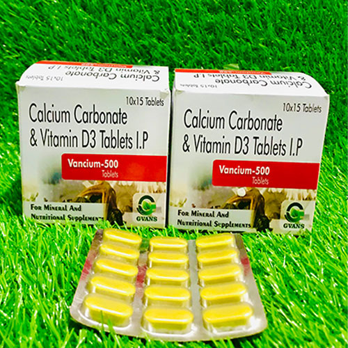 Product Name: Vancium 500, Compositions of Vancium 500 are Calcium Carbonate & Vitamin D3  - Gvans Biotech Pvt. Ltd