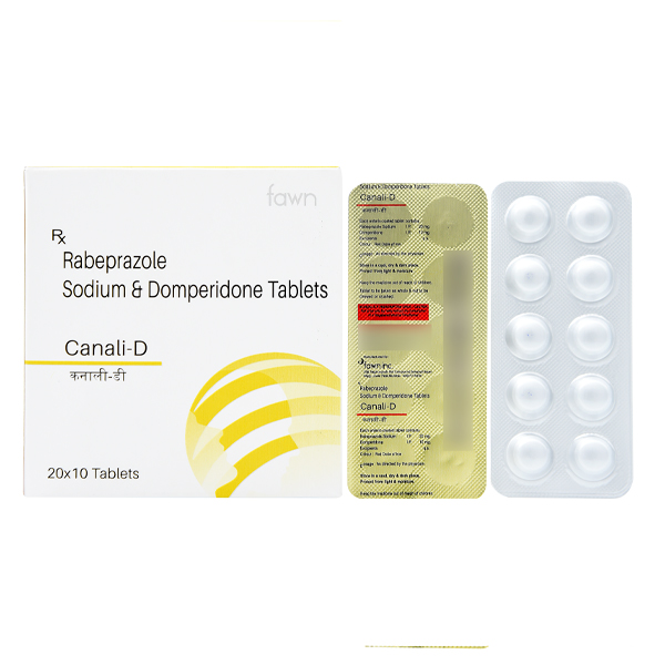 Product Name: CANALI D, Compositions of CANALI D are Rabeprazole Sodium 20mg & Domperidone Enteric Coated 10 mg. - Fawn Incorporation