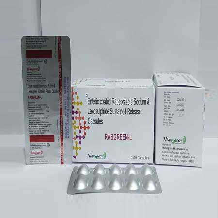 Product Name: Rabgreen L, Compositions of Rabgreen L are Enteric Coated Rabeprazole Sodium & Levosulpiride Sustained-Release Capsules - Abigail Healthcare