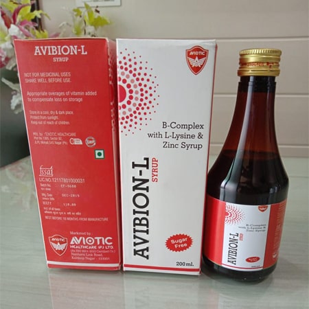 Product Name: Avibion L, Compositions of Avibion L are B Complex with L Lysine & Zinc Syrup - Aviotic Healthcare Pvt. Ltd