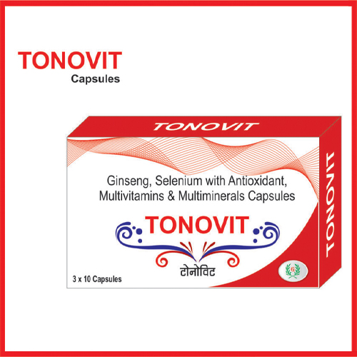Product Name: Tonovit, Compositions of Tonovit are Ginseg,Selenium with Antioxidant,Multivitamins & Multiminerals Capsules - Greef Formulations
