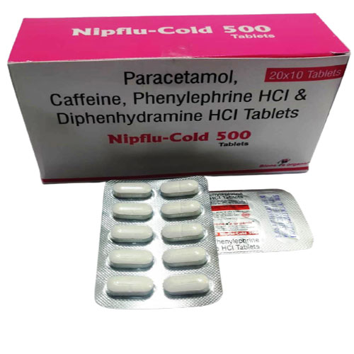 Product Name: Nipflu Cold 500, Compositions of Nipflu Cold 500 are PARACETAMOL IP 500MG, PHENYLEPHRINE HCL 5MG, CAFFEINE 30MG, DIPHENHYDRAMINE HYDROCHLORIDE 25MG - Bionexa Organic