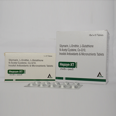 HEPZYN XT are Silymarin, L-Ornithin, L-GLutathione N-Acetyl Cysteine, Co-Q10, Inositol Antioxidants & Micronutrients Tablets - Alencure Biotech Pvt Ltd