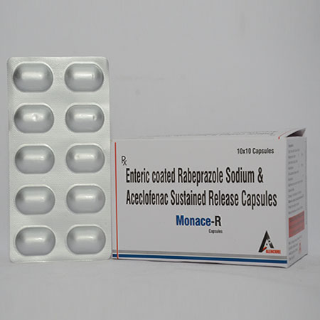 Product Name: MONACE R, Compositions of MONACE R are Enteric Coated Rabeprazole Sodium & Aceclofenac Sustained Release Capsules - Alencure Biotech Pvt Ltd