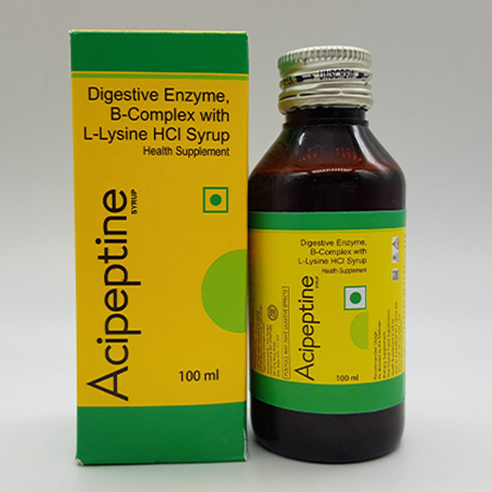 Product Name: Acipeptine , Compositions of Acipeptine  are Digestive Enzyme, B-Complex with L Lysine HCL syrup  - Acinom Healthcare