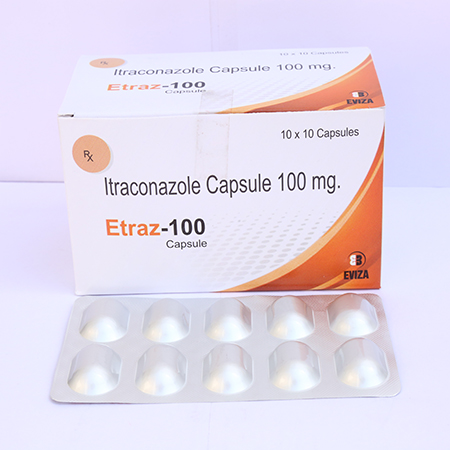 Product Name: Etraz 100, Compositions of Etraz 100 are Itraconazole Capsules 100mg - Eviza Biotech Pvt. Ltd