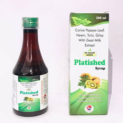 Product Name: Platished, Compositions of Platished are Carica Papaya leaf neem Tulsi Giloy with Goat Milk Extract - Shedwell Pharma Private Limited