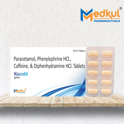 Product Name: Kucold, Compositions of Kucold are Paracetamol,Phenylephrine Hcl,Caffeine & Dphenylephrine Hcl Tablets - Medkul Pharmaceuticals