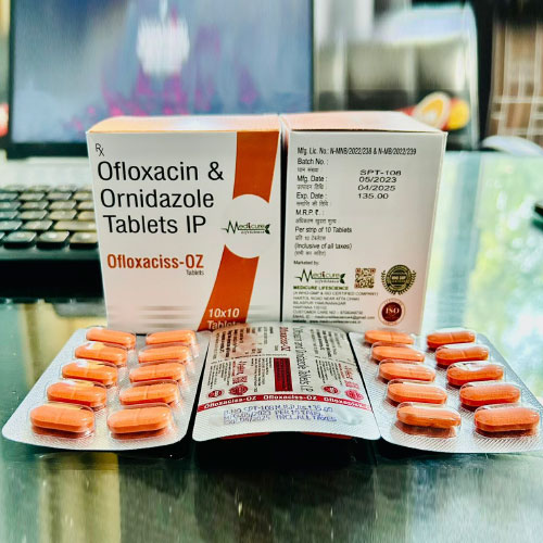 Product Name: OFLOXACISS OZ, Compositions of OFLOXACISS OZ are Ofxacin & Ornidazole tablets IP - Medicure LifeSciences