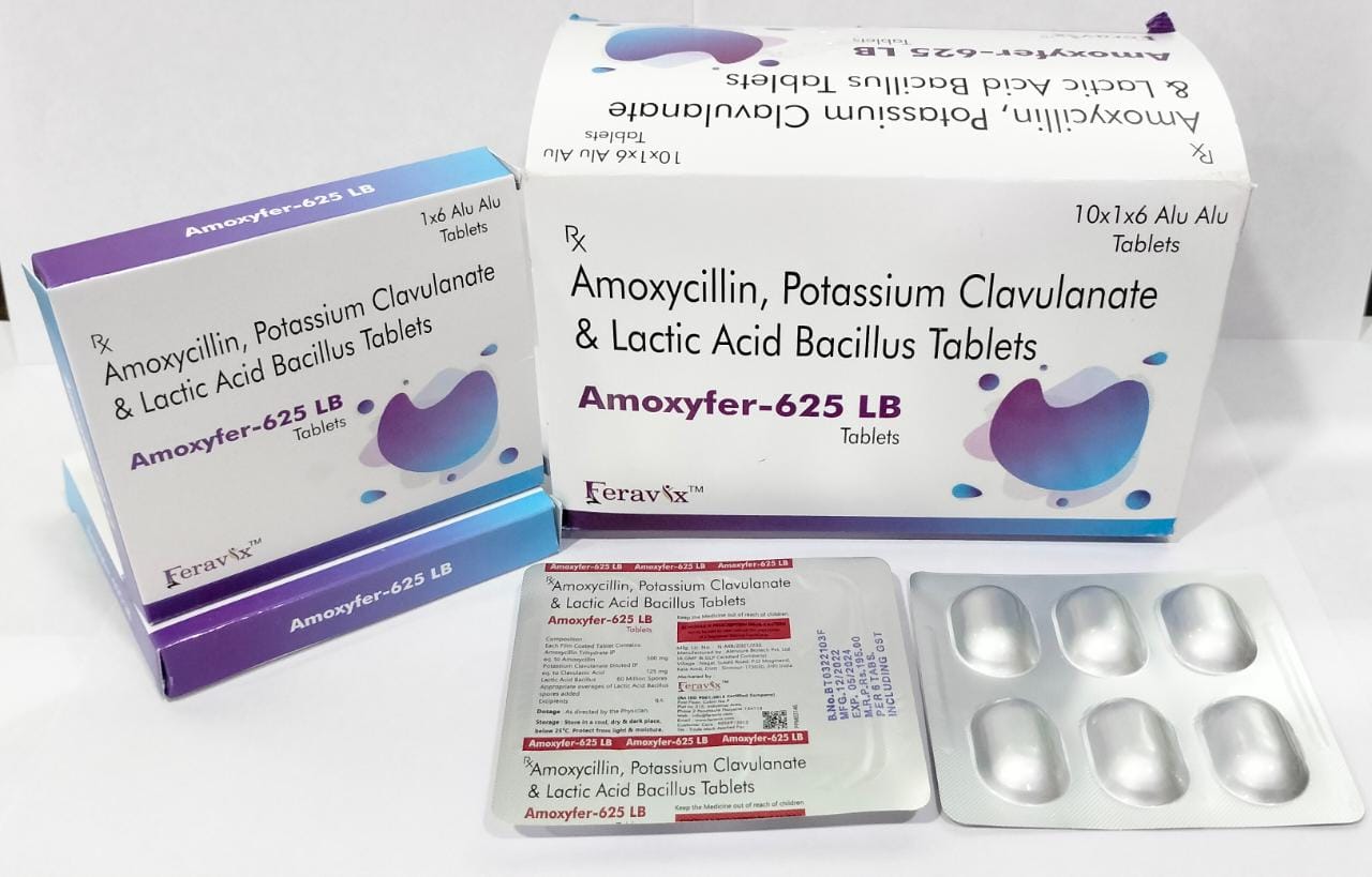 Product Name: AMOXYFER 625 LB Tablets, Compositions of AMOXYFER 625 LB Tablets are AMOXYCILLIN 500 MG, CLAVULANIC ACID 125 MG WITH LACTO BACILLUS TABLET - Feravix Lifesciences