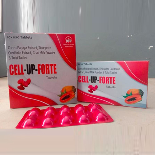 Product Name: Cell UP Forte, Compositions of Cell UP Forte are Carica Papaya Extract, Tinospora,Cordifolio Extract,Goat Milk Powder & Tulsi Powder - Jonathan Formulations