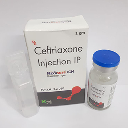 Product Name: NIXASURE 1 GM, Compositions of Ceftriaxone Injection IP are Ceftriaxone Injection IP - Kryptomed Formulations Pvt Ltd
