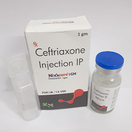 Product Name: Nixasure 1 gm, Compositions of Nixasure 1 gm are Ceftriaxone Injection IP - Kryptomed Formulations Pvt Ltd