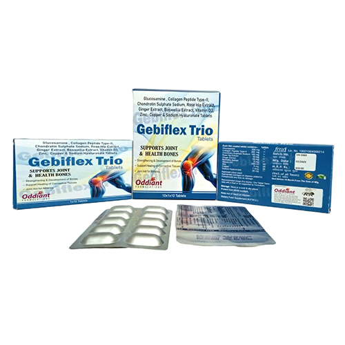 Product Name: Gebiflex Trio, Compositions of Gebiflex Trio are Glucosamine 500 mg + Collagen Peptide Type-II 200 mg + Chondrotin  Sulphate Sodium 100 mg + Rose Hip Extract 10 mg + Ginger Extract 10 mg +  Boswellia Extract 2 mg + Vitamin D3 200 I.U + Zinc 5 mg + Copper 1 mcg +  Sodium Hya - Oddiant Formulations
