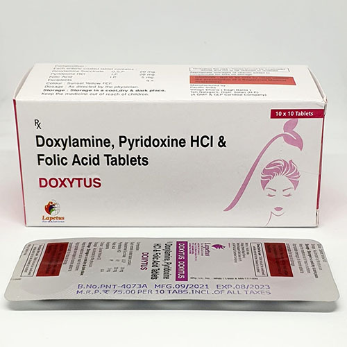 Product Name: Doxytus, Compositions of Doxytus are Doxylamine,Pyridoxine HCL & Folic Acid Tablets - Pride Pharma