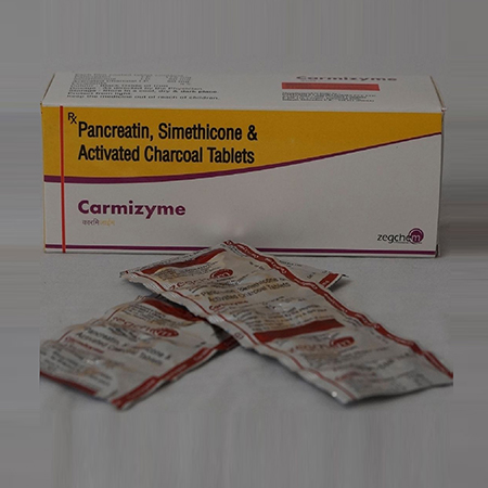 Product Name: Carmizyme, Compositions of Carmizyme are Pancreation,Simethicone & Activated Charcol Tablets - Zegchem