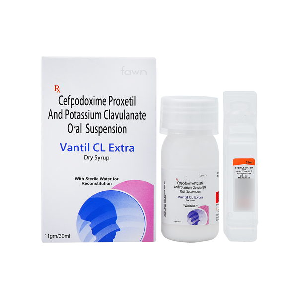 Product Name: VANTIL CL EXTRA, Compositions of Cefpodoxime 100 mg + Clavulanic Acid 62.50mg with Water (GLASS BOTTLE) are Cefpodoxime 100 mg + Clavulanic Acid 62.50mg with Water (GLASS BOTTLE) - Fawn Incorporation
