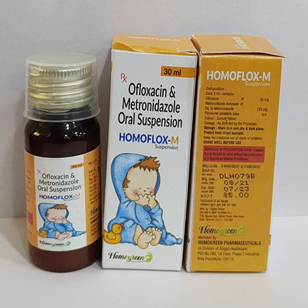 Product Name: Homoflox M, Compositions of Homoflox M are Ofloxacin Metronidazole Oral Suspension - Abigail Healthcare