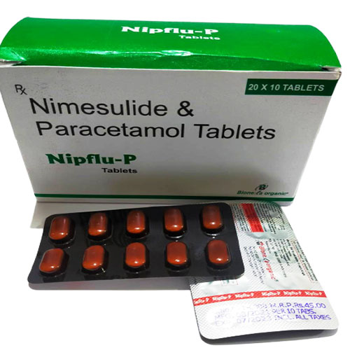 Product Name: Nipflu p, Compositions of Nipflu p are NIMUSLIDE 100  PARACETAMOL IP 325 MG  AMBER COLOR - Bionexa Organic