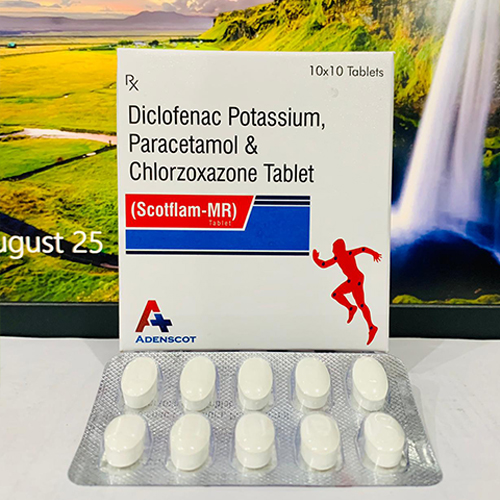 Product Name: Scotflam MR, Compositions of Scotflam MR are Diclofenac Potassium, Paracetamol & Chlorzoxazone Tablets  - Adenscot Healthcare Pvt. Ltd.