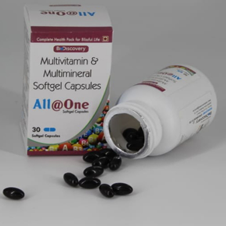 Product Name: All@One, Compositions of Multivitamin & Multiminerals Softgel Capsules are Multivitamin & Multiminerals Softgel Capsules - Biodiscovery Lifesciences Pvt Ltd