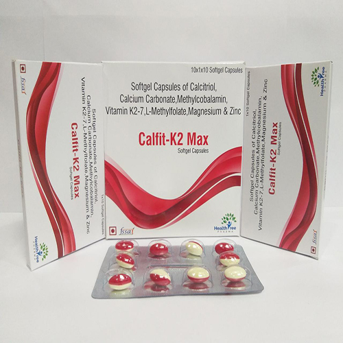Product Name: Calfit K2 Max, Compositions of Calfit K2 Max are Softgel Capsules of Calcitrol,Calcium Carbonate,Methylcobalamin,Vitamin K2-7,L-Methylfolate,Magnesium & Zinc  - Healthtree Pharma (India) Private Limited