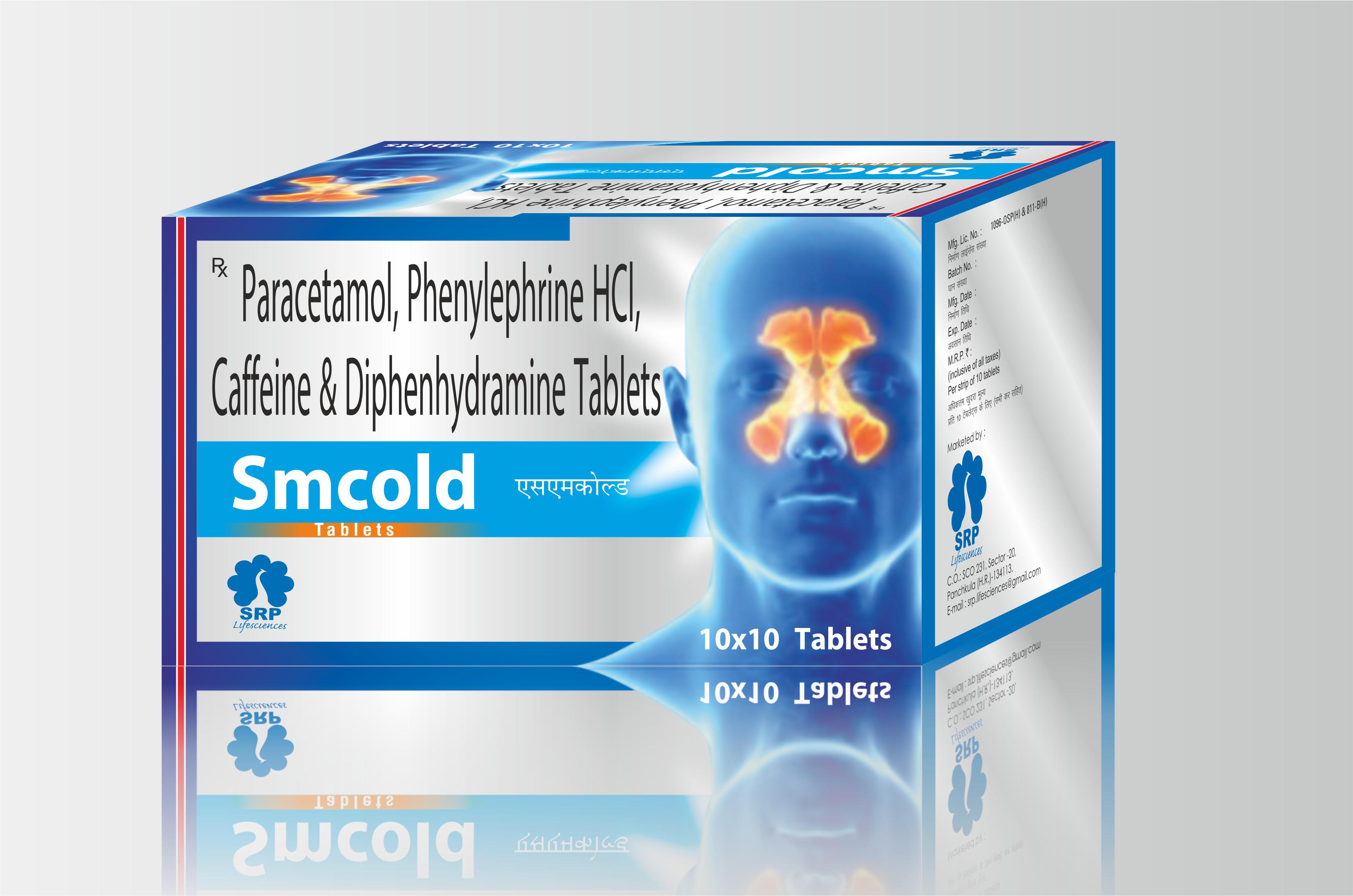 SMCOLD are Paracetamol, Phenylephrine Hcl, Caffeine & Diphenhydramine Tablets - Cynak Healthcare