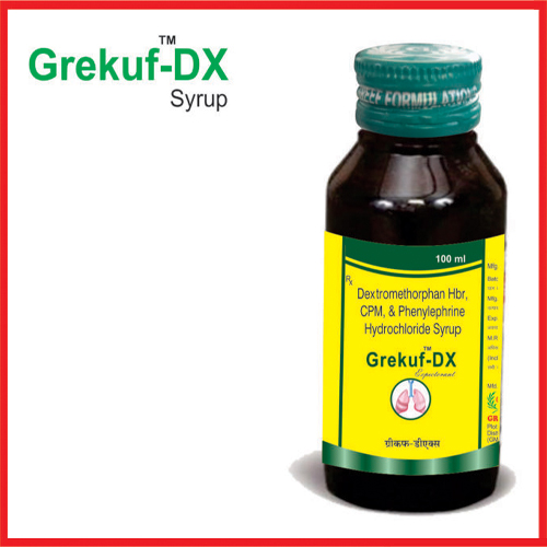 Product Name: Grekuf DX, Compositions of Grekuf DX are Dextromethorphan Hbr Chlorpheniramine Maleate & Phenylephrine Hcl Syrup - Greef Formulations