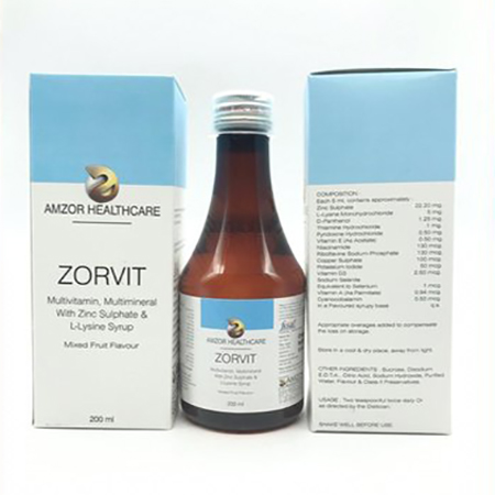 Product Name: ZORVIT, Compositions of ZORVIT are Multivitamin, Multiminerals with Zinc Sulphate & L-Lysine Syrup - Amzor Healthcare Pvt. Ltd
