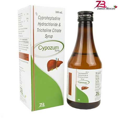 Product Name: Cypozum, Compositions of Cypozum are Cyproheptadine Hydrochloride And Tricholine Citrate Syrup - Zumax Biocare