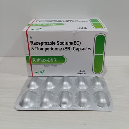 Product Name: Ridflux DSR, Compositions of Ridflux DSR are Rabeprazole Sodium (EC) & Domperidone (SR) capsules - Soinsvie Pharmacia Pvt. Ltd