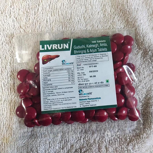 Product Name: Livrun, Compositions of are Guduchi,Kalmegh,Amla,Bhringraj and Arjun Tablets - Jonathan Formulations