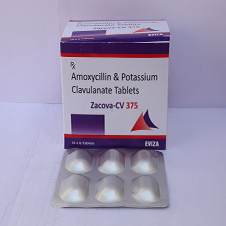 Product Name: Zacova CV 375, Compositions of Zacova CV 375 are Amoxycillin and Potassium Clavulanate Tablets - Eviza Biotech Pvt. Ltd