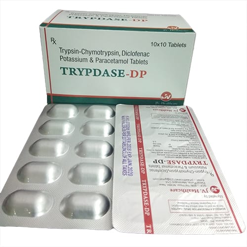 Product Name: TrypDase DP, Compositions of TrypDase DP are Trypsin-Chymotrypsin,Aceclofenac & Paracetamol Tablets - JV Healthcare