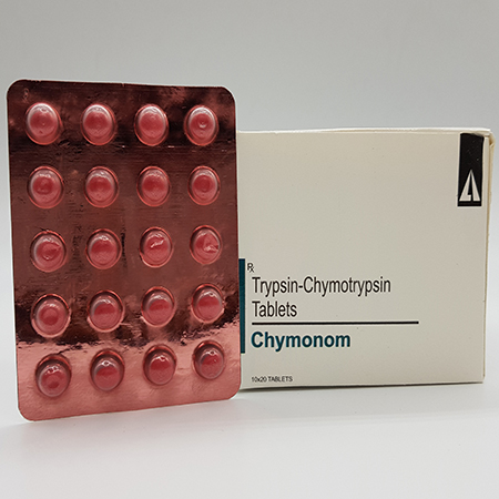 Product Name: Chymonom, Compositions of Chymonom are Trypsin Chymotrypsin Tablets - Acinom Healthcare