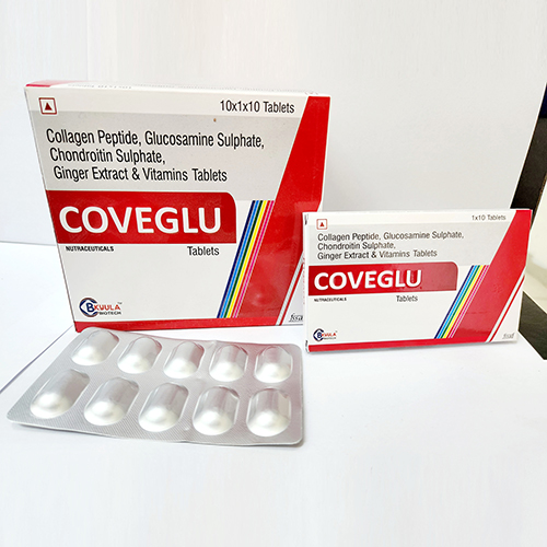 Product Name: Coveglu, Compositions of Coveglu are Collagen Peptide, Glucosamine Sulphate, Chondroitin Sulphate, Ginger Extract & Vitamins Tablets - Bkyula Biotech