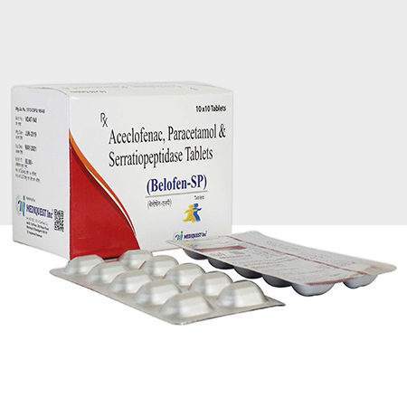 Product Name: BELOFEN SP, Compositions of BELOFEN SP are Aceclofenac, Paracetamol & Serratiopeptidase Tablets - Mediquest Inc