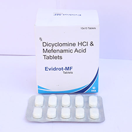 Product Name: Evidrot MF, Compositions of Evidrot MF are Dicyclomine HCL & Mefenamic Acid Tablets - Eviza Biotech Pvt. Ltd