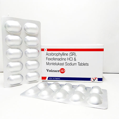 Product Name: Voizace 3D, Compositions of Voizace 3D are Acebrophyllin 200 mg+Fexofenadine 120 mg+Montelukast 10mg Tab - Voizmed Pharma Private Limited
