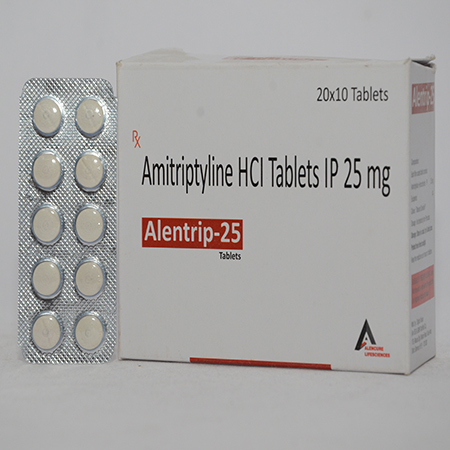 Product Name: ALENTRIP 25, Compositions of ALENTRIP 25 are Amitriptyline HCL Tablets IP 25mg - Alencure Biotech Pvt Ltd