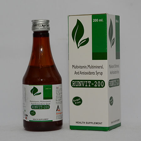 Product Name: RUNVIT 200, Compositions of RUNVIT 200 are Multivitamin, Multimineral, And ANtioxidants Syrup - Alencure Biotech Pvt Ltd