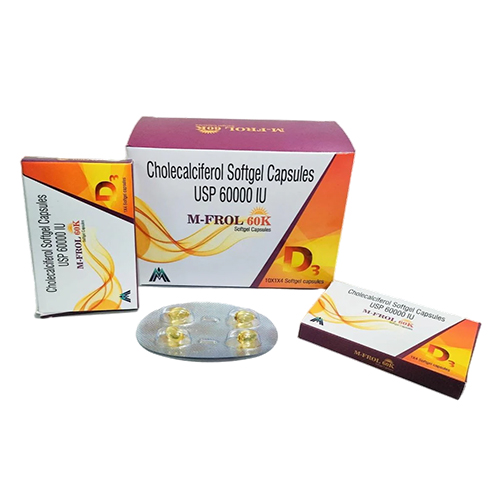 Product Name: M FROL 60K, Compositions of M FROL 60K are Cholecalciferol Softgel Capsules USP 60000 IU - Medlo Biotech