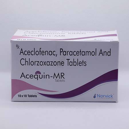 Product Name: Acequin MR, Compositions of Acequin MR are Aceclofenac Paracetamol and Chlorzoxazone Tablets - Norvick Lifesciences