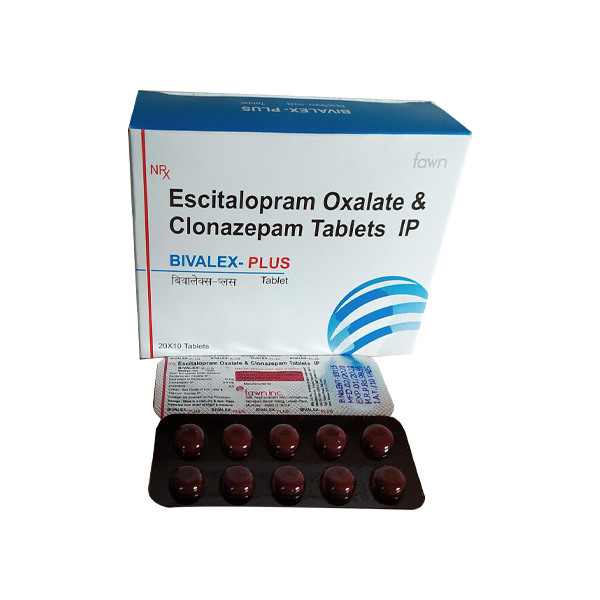 Product Name: BIVALEX PLUS, Compositions of Escitalopram 10 mg + Clonazepam I.P. 0.5 mg. are Escitalopram 10 mg + Clonazepam I.P. 0.5 mg. - Fawn Incorporation
